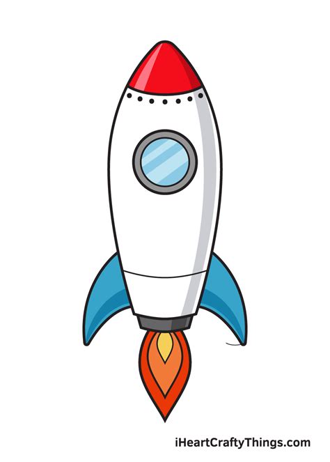 Complete The Cartoon Rocket Drawing. The rocket is about to soar into outer space! We just need to add some colorful touches to make it complete. First, color the porthole with a yellow crayon and the glass with a light blue crayon. Next, shade the engine with a dark blue crayon. Now, fill in the smoke and bolts with a light gray crayon. 